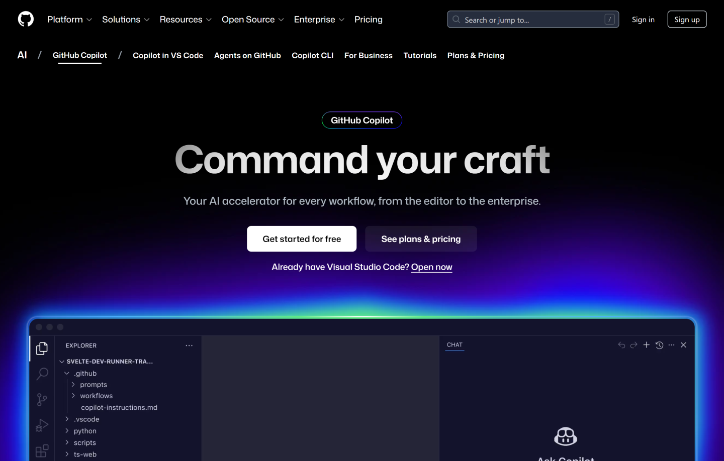 A screenshot of the GitHub Copilot homepage.
