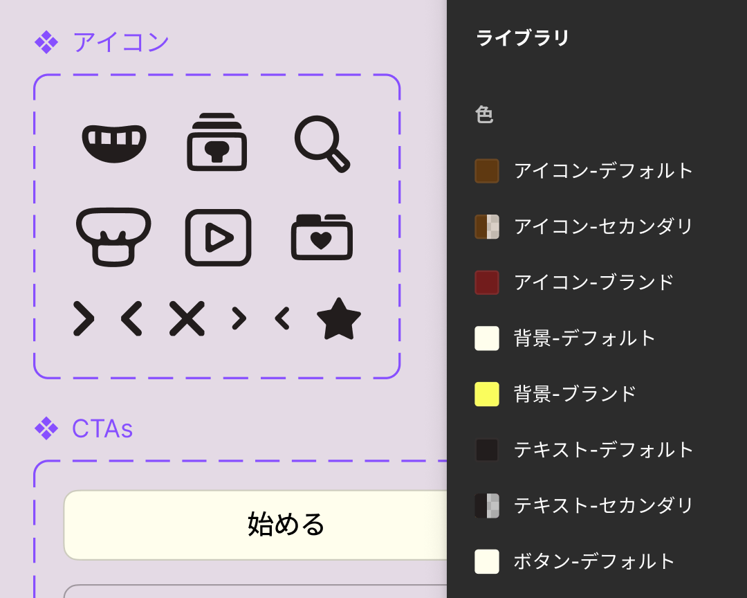 さまざまなアイコンと右側のパネルのカラーライブラリ
