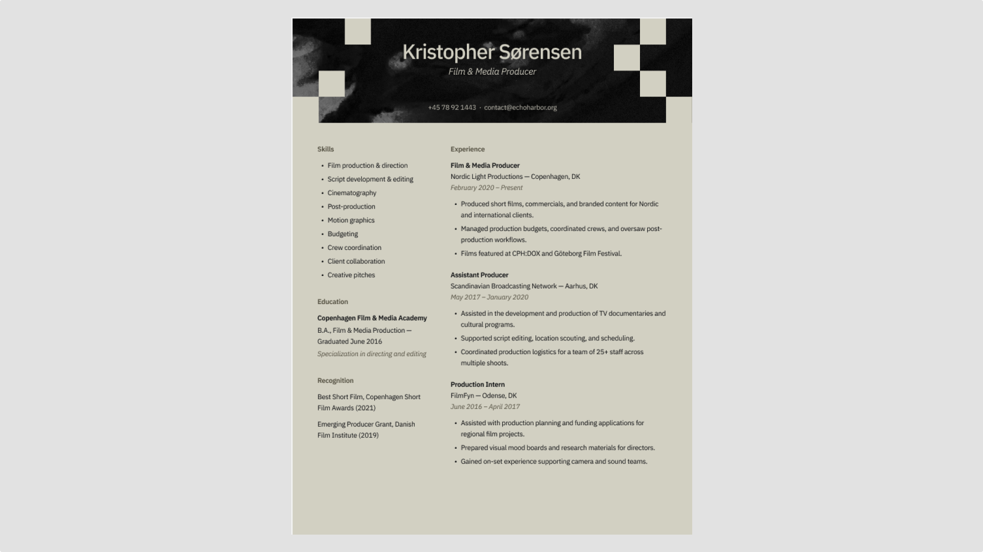 Screenshot of Figma’s cinematic portfolio resume template.