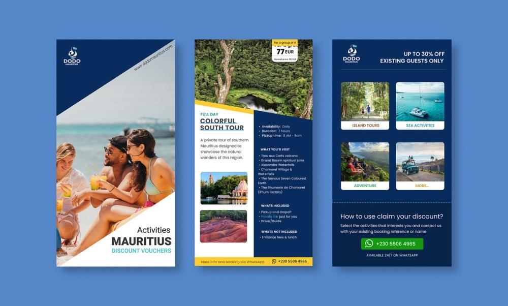 Screenshot of blue and yellow travel brochure