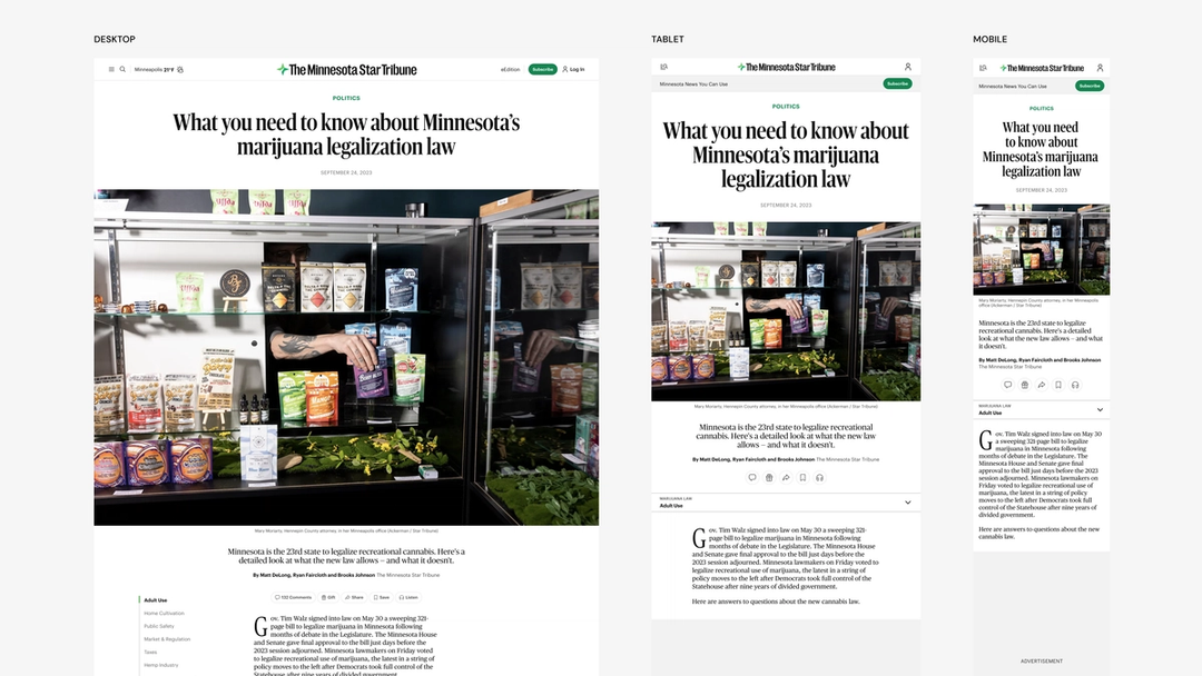 Screenshots show how an article flexes across desktop, tablet, and mobile.
