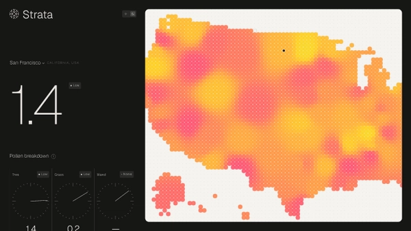 a map of the united states with orange and pink highlighting pollen levels