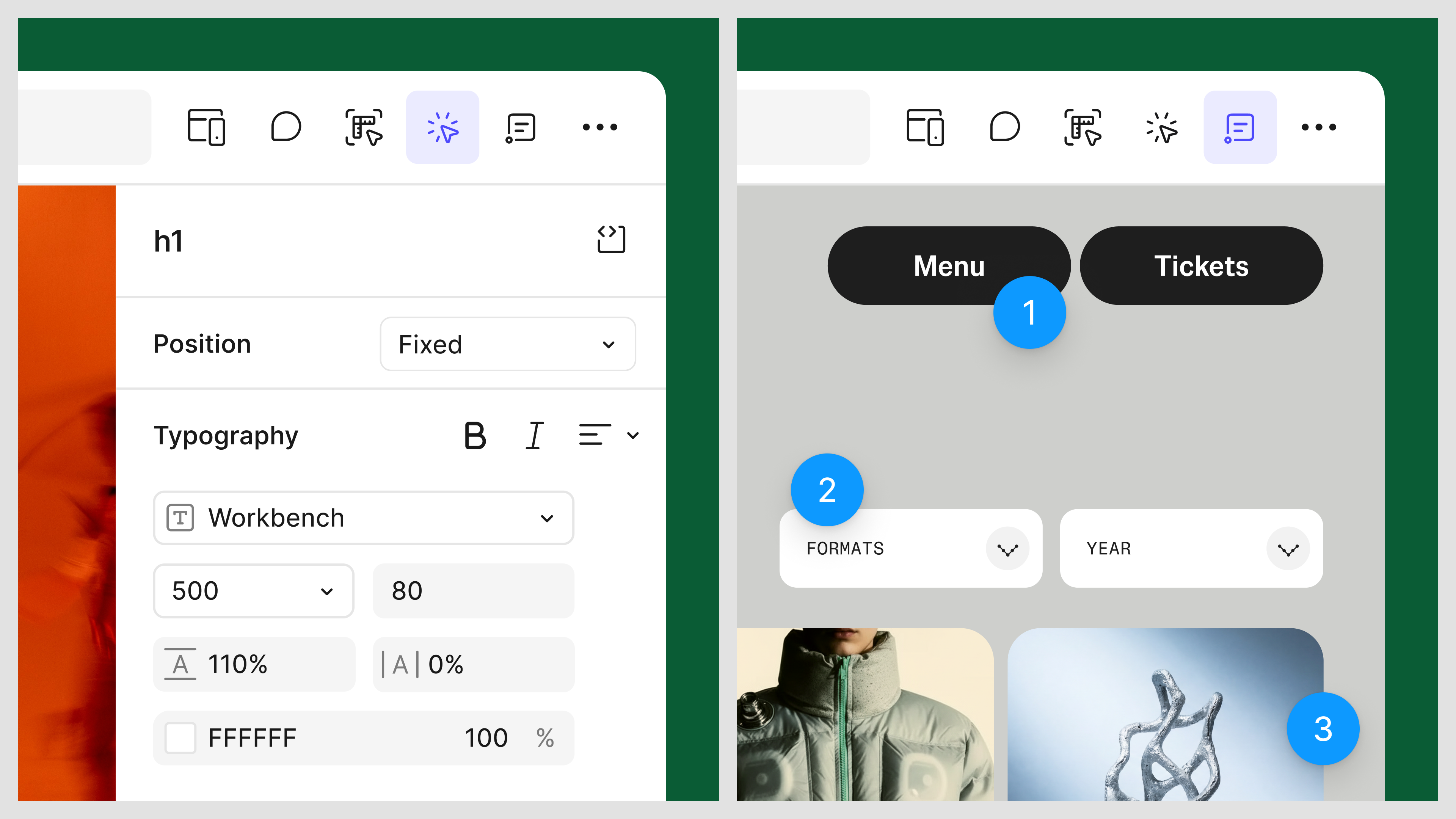 Split view of the Figma editor. The left panel shows an element's properties with Position set to Fixed. The right panel highlights three annotated interface elements: the Menu button, filter dropdowns, and a gallery image, each marked with blue numbered callouts.