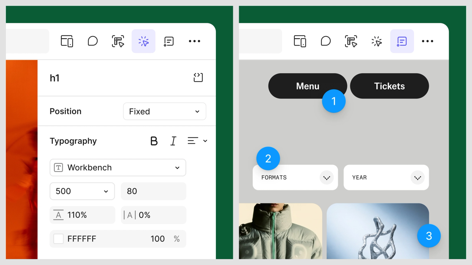 Capture officielle de Figma Make montrant le panneau de propriétés et des annotations directement sur une interface.