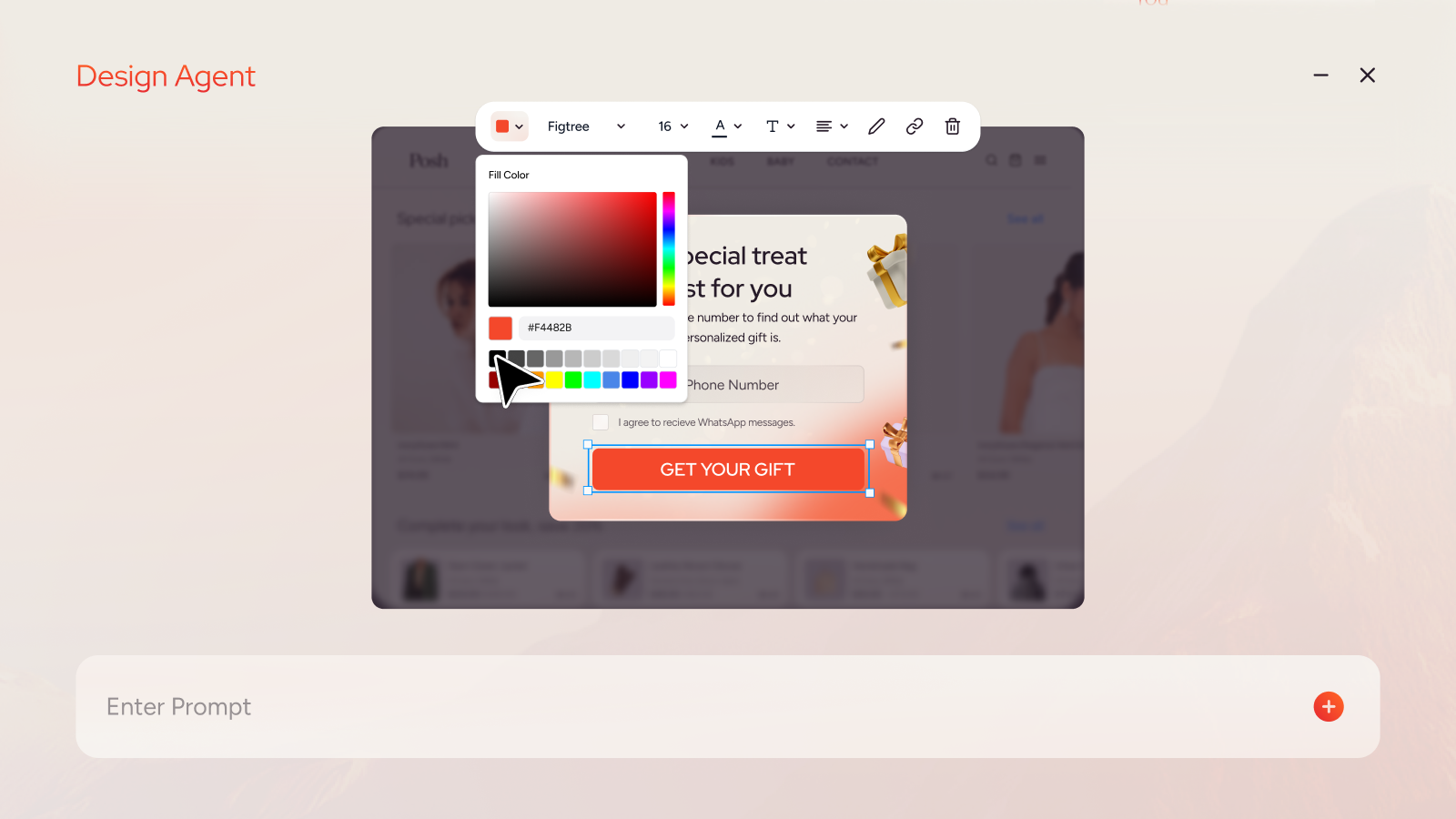 A color selector with other design selection options over an image you can directly edit within the design agent prompt box