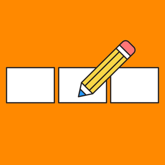 three boxes in a row with a pencil in the middle