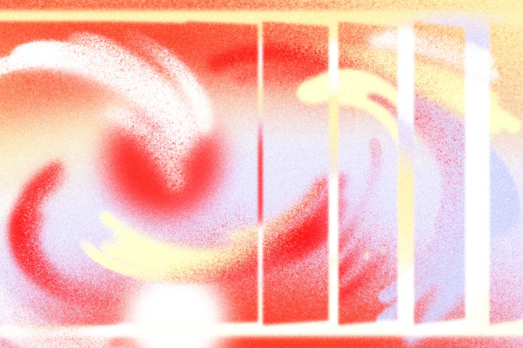 Abstract illustration of swirling spray-painted forms in red, orange, and lavender, divided by white vertical lines, with blurred hand-like shapes suggesting movement and collaboration.