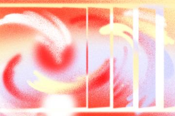 Abstract illustration of swirling spray-painted forms in red, orange, and lavender, divided by white vertical lines, with blurred hand-like shapes suggesting movement and collaboration.