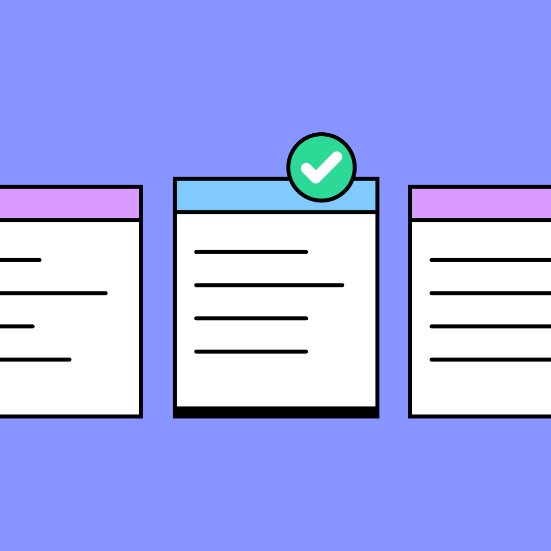three paper notepads with a green checkmark in the middle