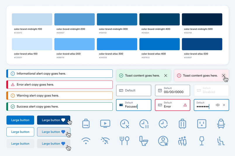 An image shows examples of Alaska’s design system, including a color palette of light to dark blue hues, alert badges, buttons, and icons