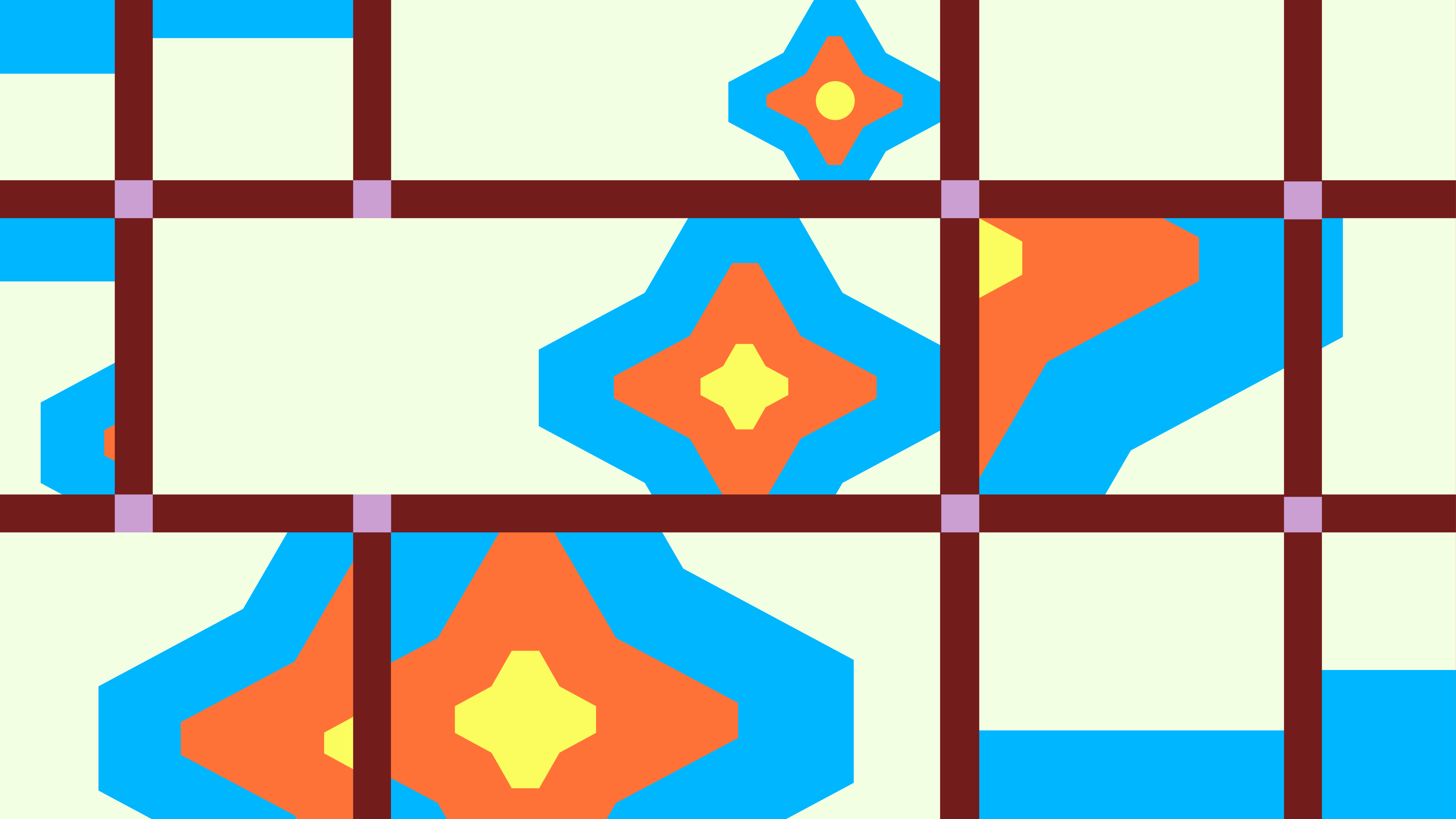 An abstracted grid with orange, yellow, and blue abstracted flowers.