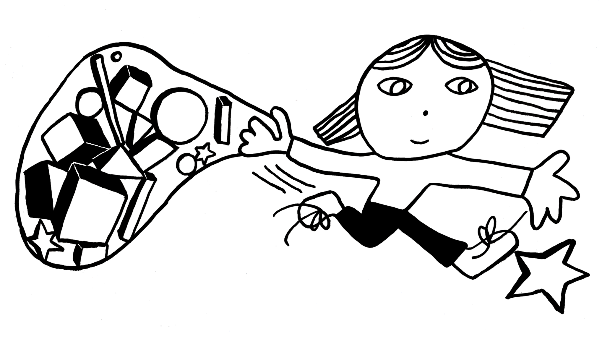 An illustration depicts a smiling person reaching out to catch a star. They are holding a transparent bag of other shapes and building blocks.