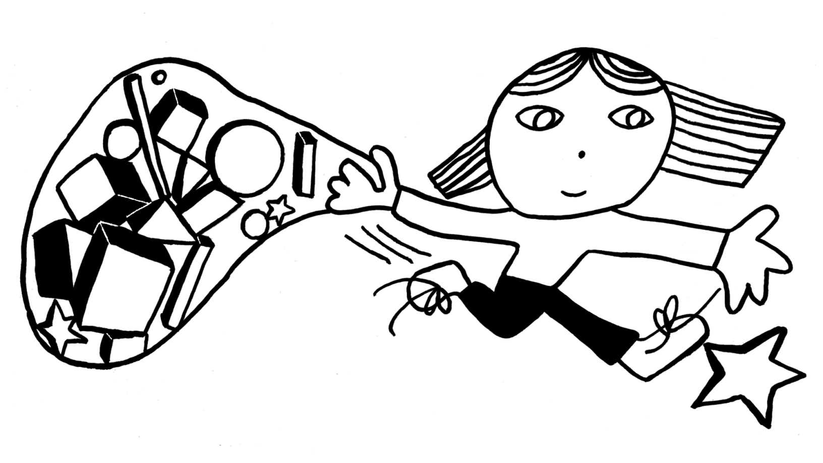 An illustration depicts a smiling person reaching out to catch a star. They are holding a transparent bag of other shapes and building blocks.