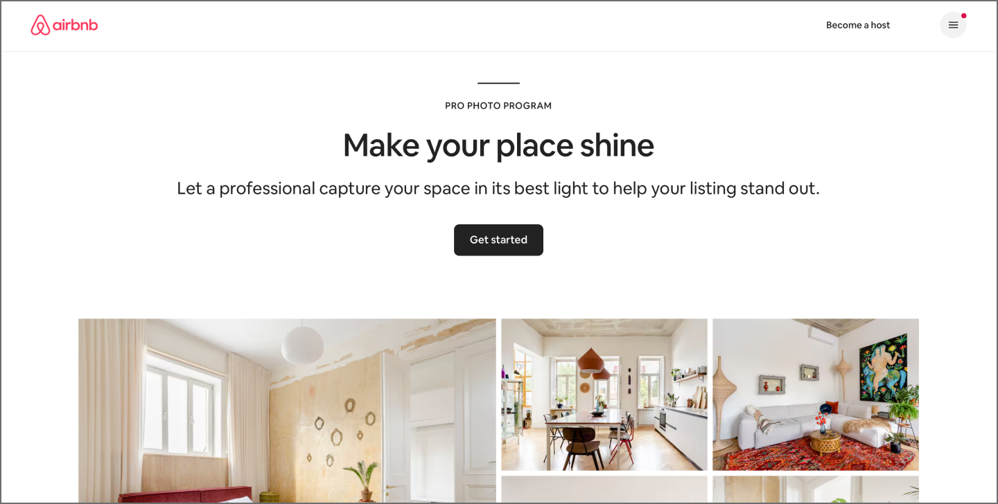 Screenshot of Airbnb’s website, on the Pro Photography page