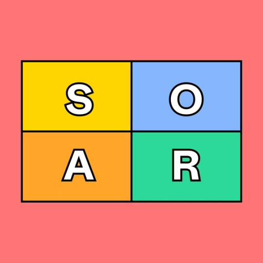 four rectangles with white letters spelling the word S-O-A-R
