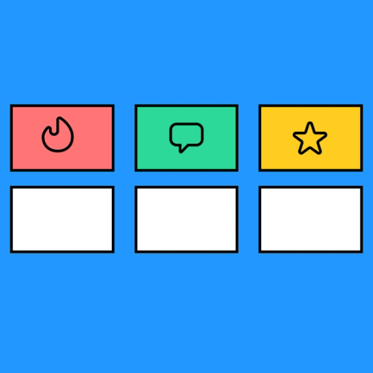 six colorful boxes with symbols that help one create and plan creative headlines