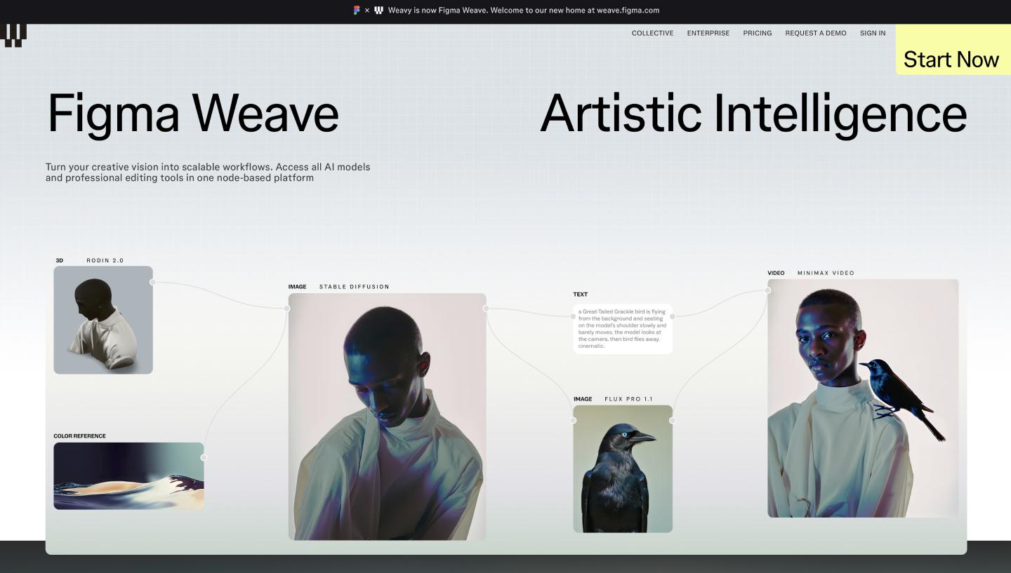 The homepage for Figma Weave, an AI tool for graphic design.