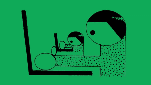 Illustration of a person typing on a laptop while sitting on the arm of a larger person typing