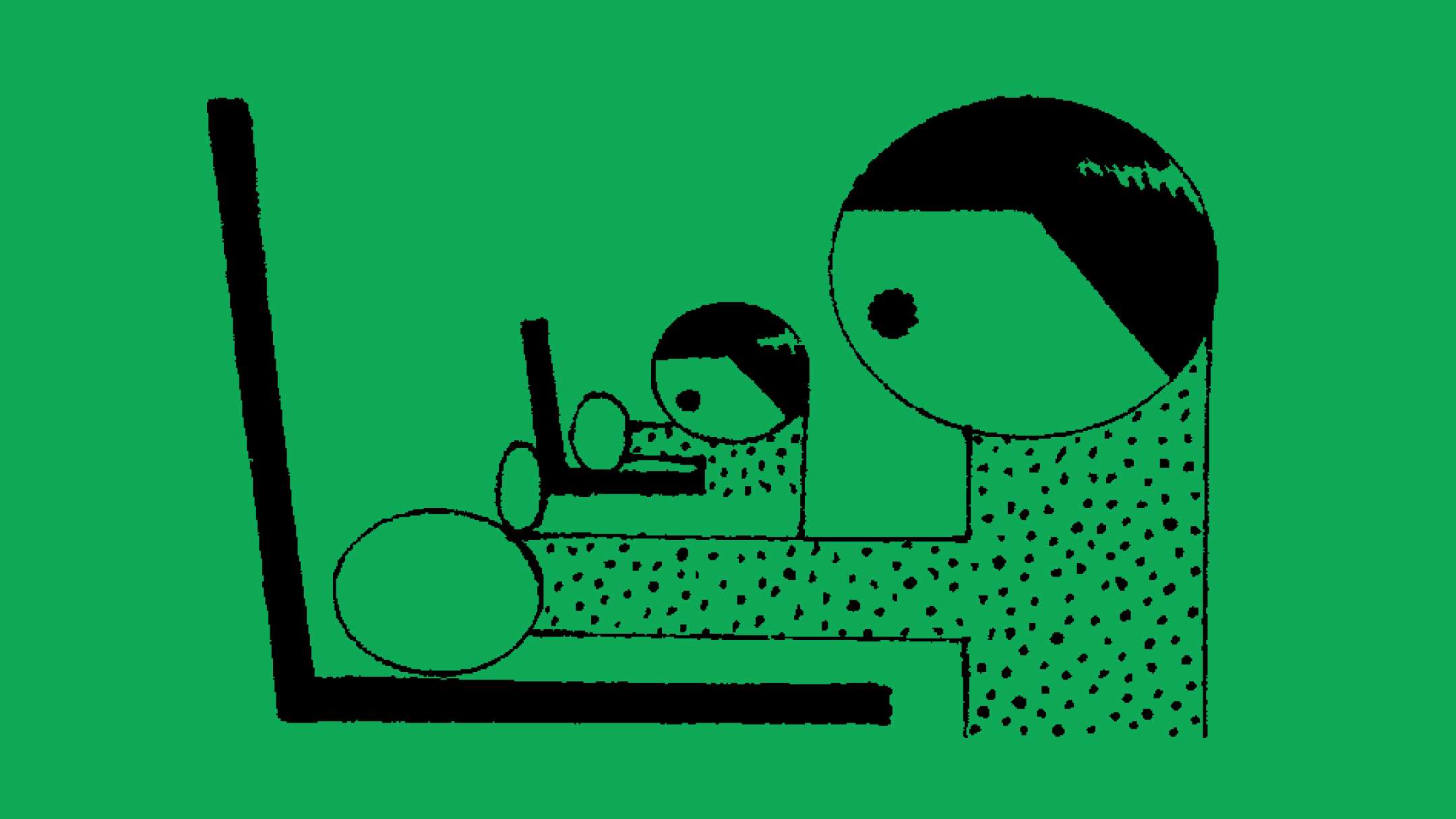 Illustration of a person typing on a laptop while sitting on the arm of a larger person typing