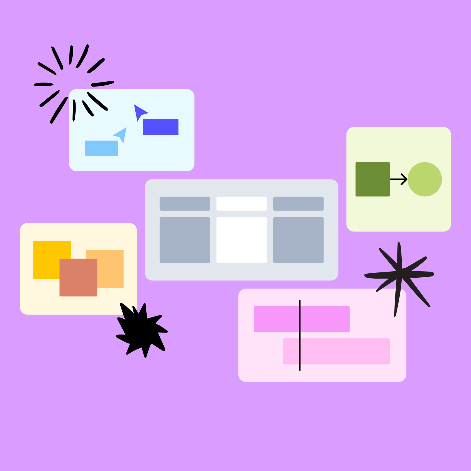 A colorful abstract image on a purple background featuring various geometric shapes and elements, such as rectangles with arrows, squares, and starburst patterns.