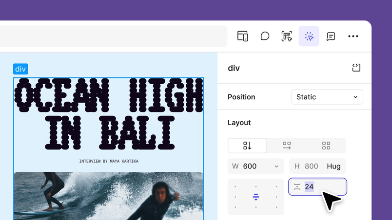 The Figma Make interface showing a selected div container on a light blue canvas with a magazine-style layout reading “OCEAN HIGH IN BALI,” a byline beneath, and a surfing photo at the bottom. The right properties panel displays layout settings, with the gap value set to 24 highlighted and a cursor pointing at the input field.
