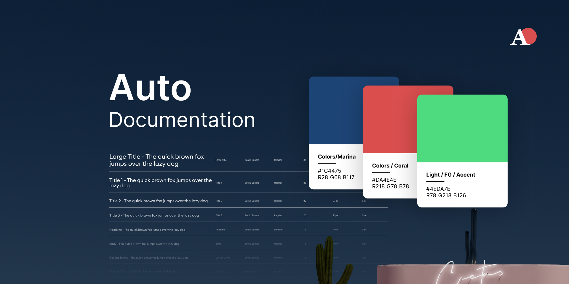 A promotional graphic for Auto Documentation shows white text on a dark blue background, with blue, red, and green color cards overlaid.