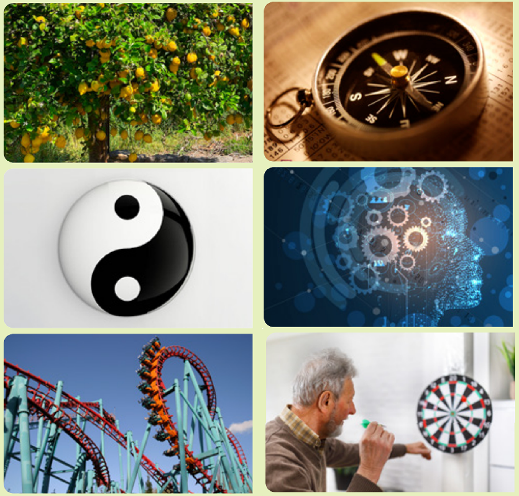Collage of images with a lemon tree, yin and yang sign, rollercoaster, compass, cogs turning in a head, and a person throwing a dart at a dart board