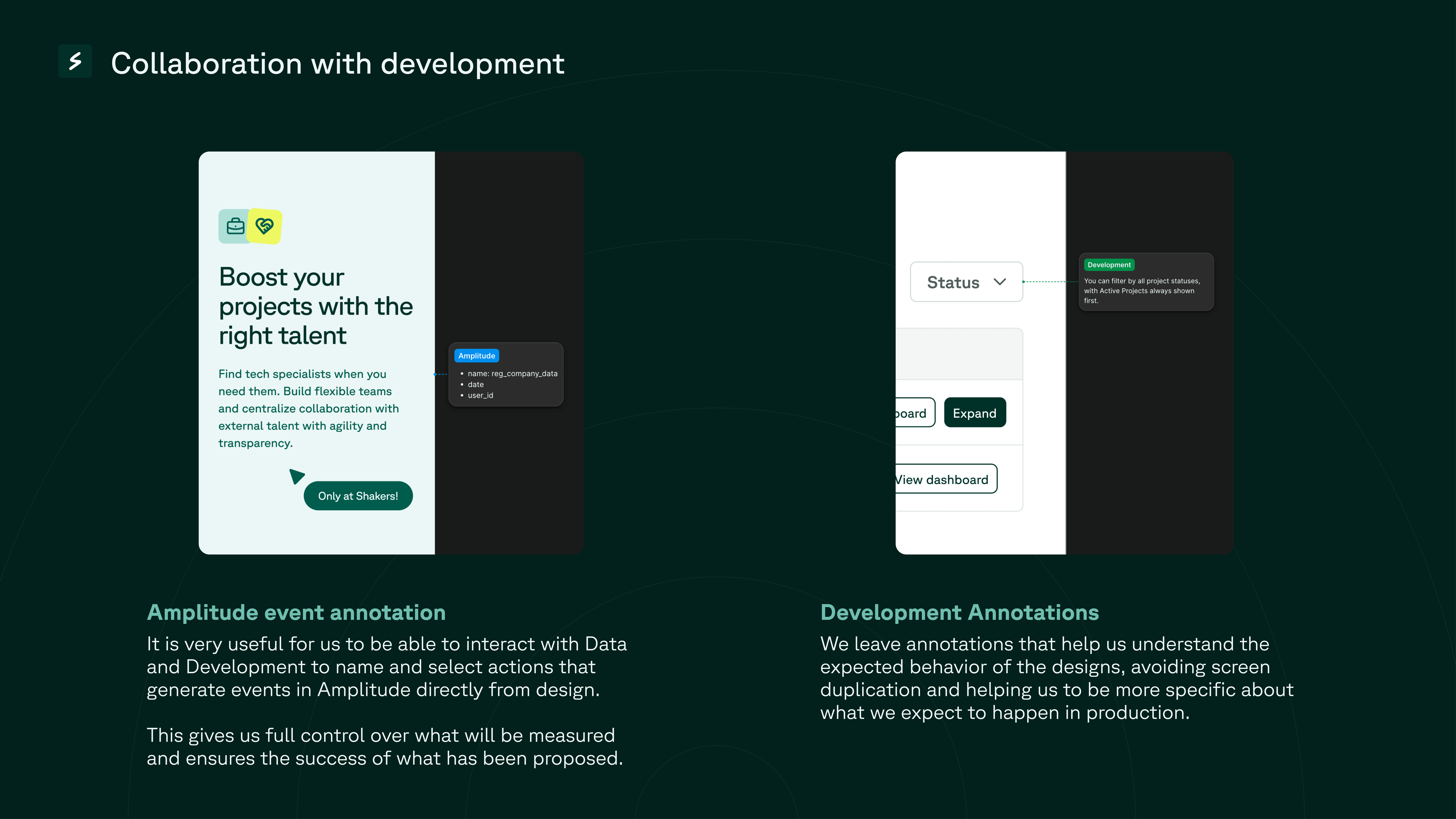 Image showing two screenshots illustrating how developers and designers communicate and work together. One shows Amplitude, and the other shows annotations.