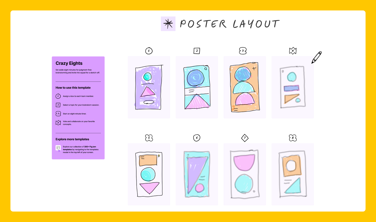 FigJam file with 8 poster layout drawings