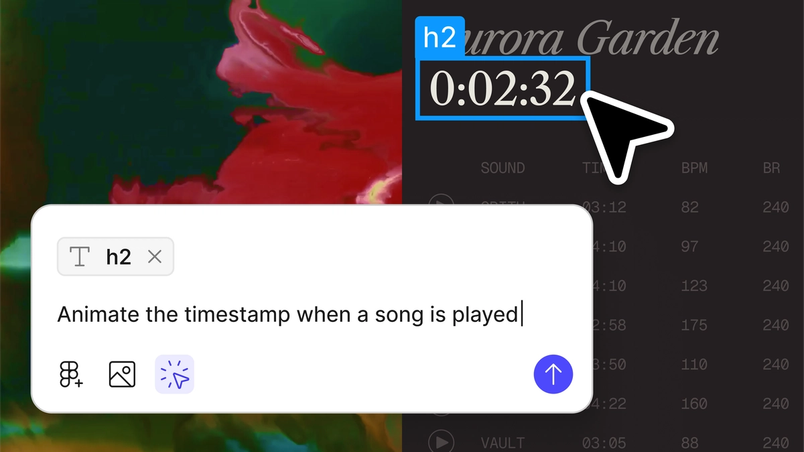 A highlighted timestamp element is being edited in an app interface, with a prompt to animate it when a song plays.