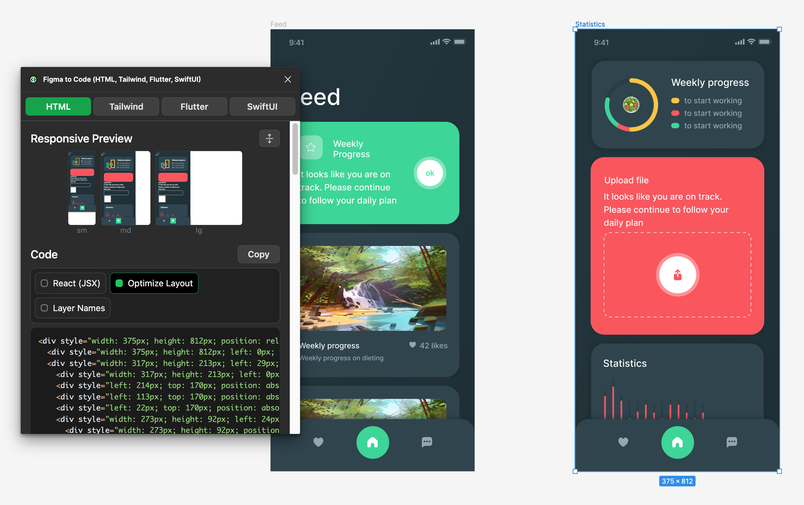 A screenshot illustrates how the plugin turns design into HTML, Tailwind, Flutter, or SwiftUI code
