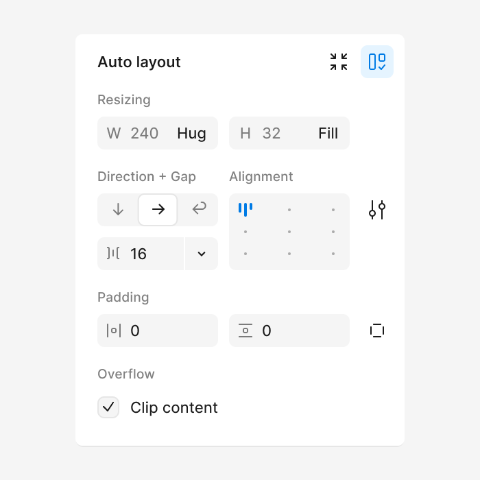 A screenshot of the 'Auto layout' settings panel in Figma. It displays controls for resizing, direction, alignment, gap, padding, and overflow. The width is set to 240 pixels with 'Hug' selected, while the height is 32 pixels with 'Fill' selected. The direction is set to horizontal (→) with a gap of 16 pixels. Alignment is set to align items to the left. Padding values are both set to 0. The 'Clip content' option is enabled, and there is an icon for distributing spacing evenly.