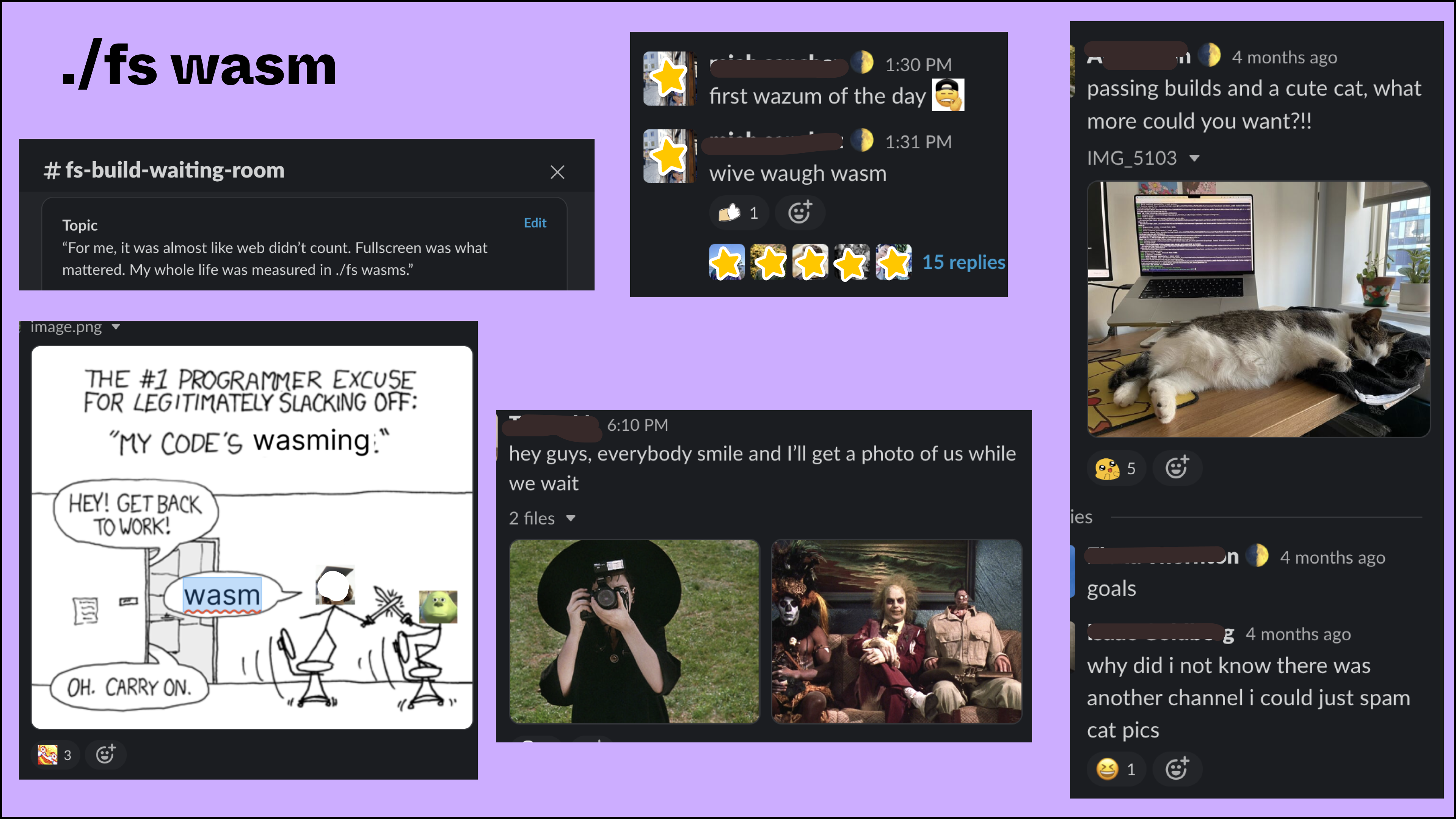 A Figma file showing jokes that the team collected about slow build times.