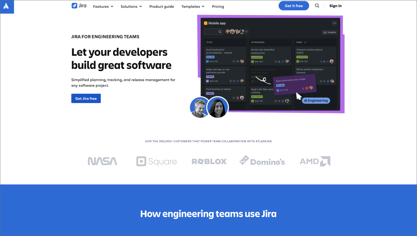 The Jira website, showcasing the software development features.
