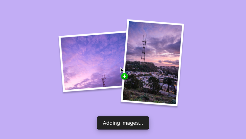 An illustration of two HEIC images being dropped on a Figma canvas, and a loading message