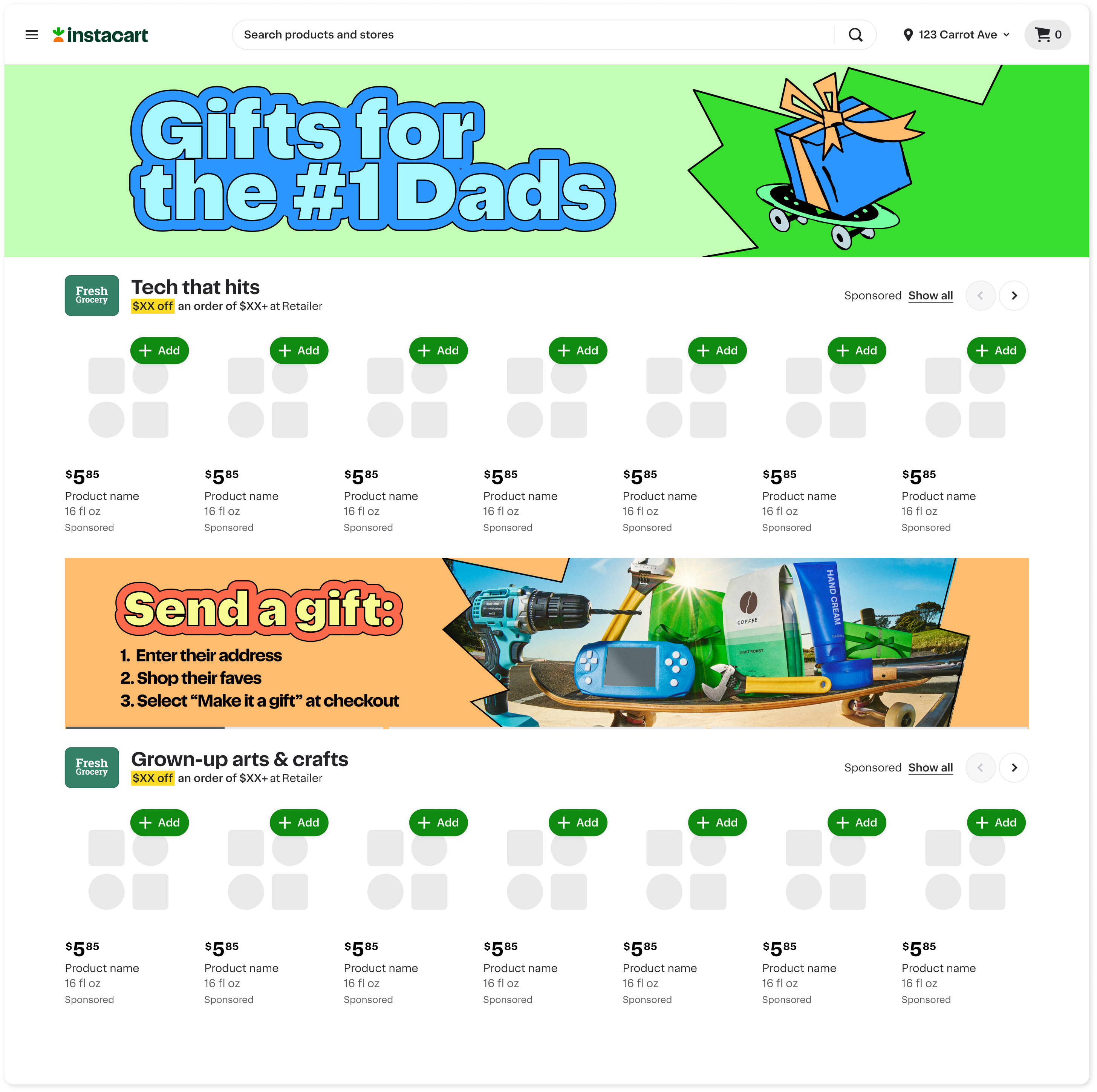Instacart Father’s Day shopping page features “Gifts for #1 Dads,” product grid, gift-sending instructions, and highlighted sponsored categories with colorful playful banner graphics.