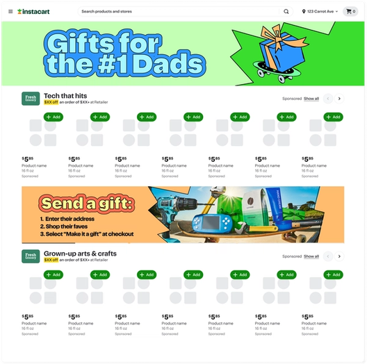 Instacart Father’s Day shopping page features “Gifts for #1 Dads,” product grid, gift-sending instructions, and highlighted sponsored categories with colorful playful banner graphics.