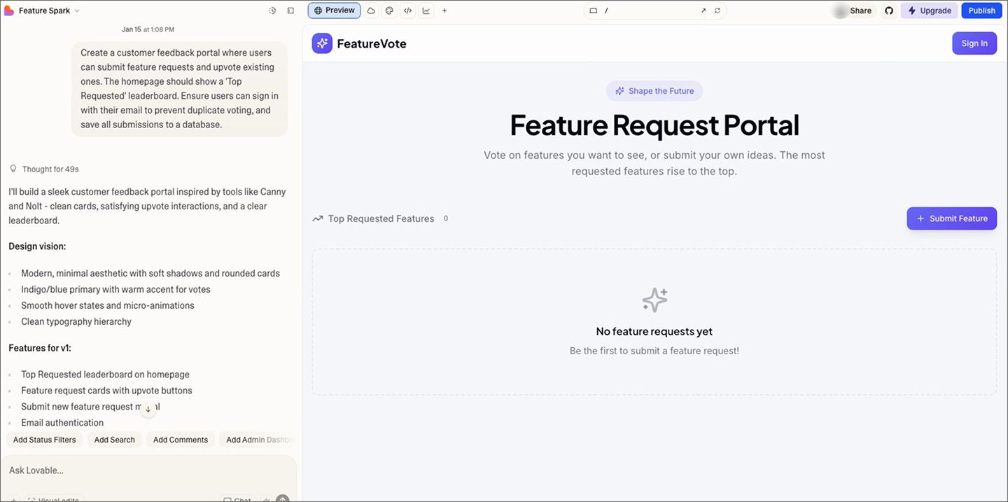 An example of a Lovable interface with a feature request portal prototype
