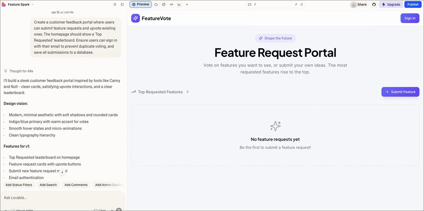 An example of a Lovable interface with a feature request portal prototype