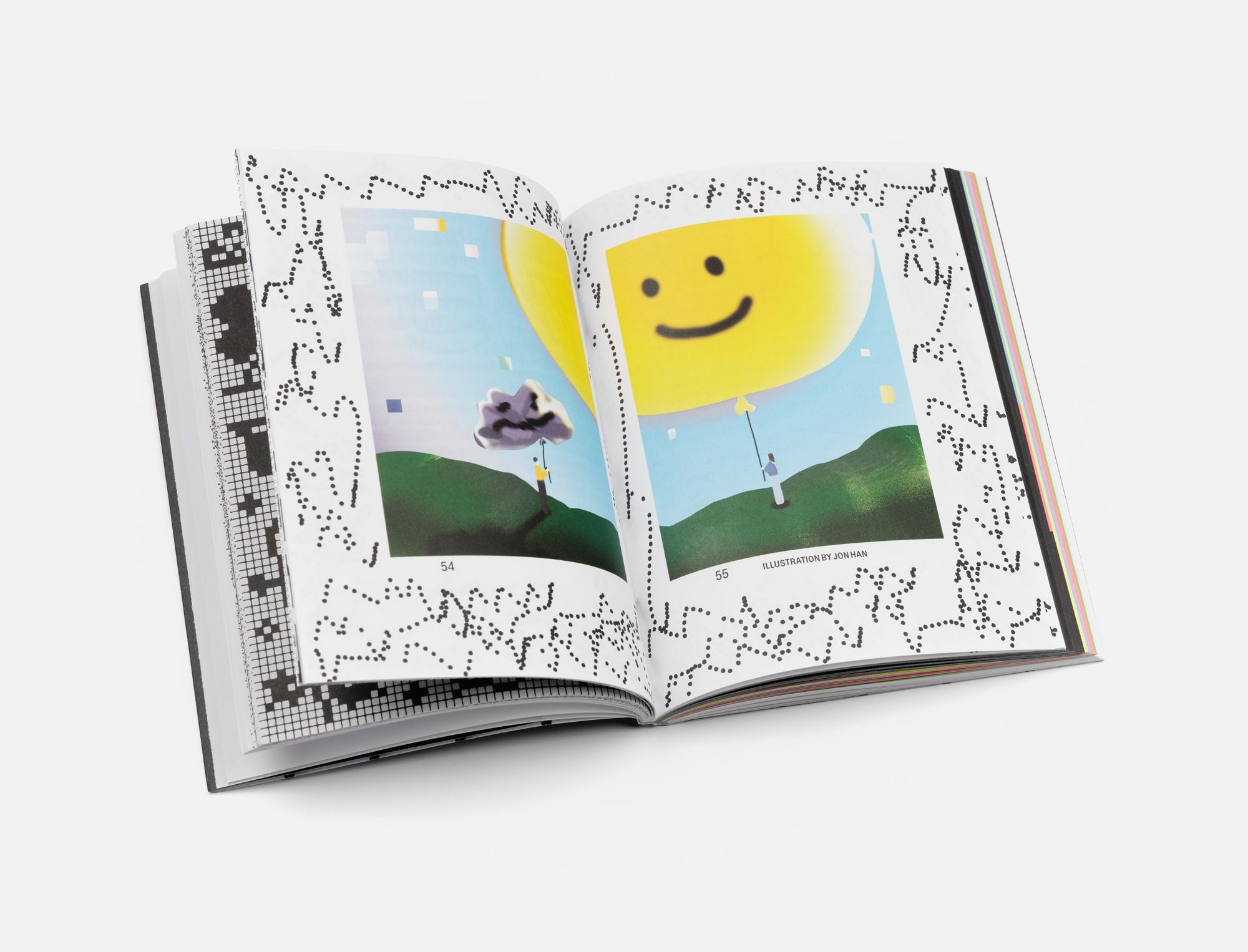 An open book displays whimsical, colorful illustrations of a person interacting with a cheerful sun and a storm cloud, bordered by black-and-white pixel-style designs.