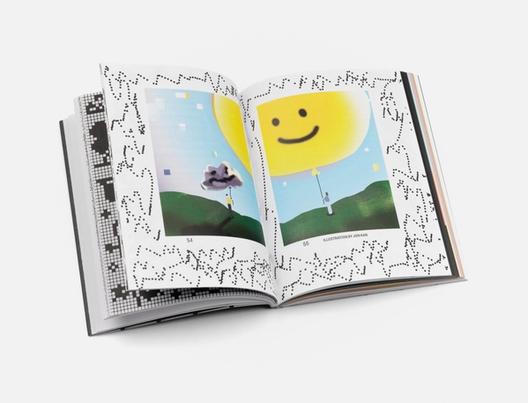 An open book displays whimsical, colorful illustrations of a person interacting with a cheerful sun and a storm cloud, bordered by black-and-white pixel-style designs.