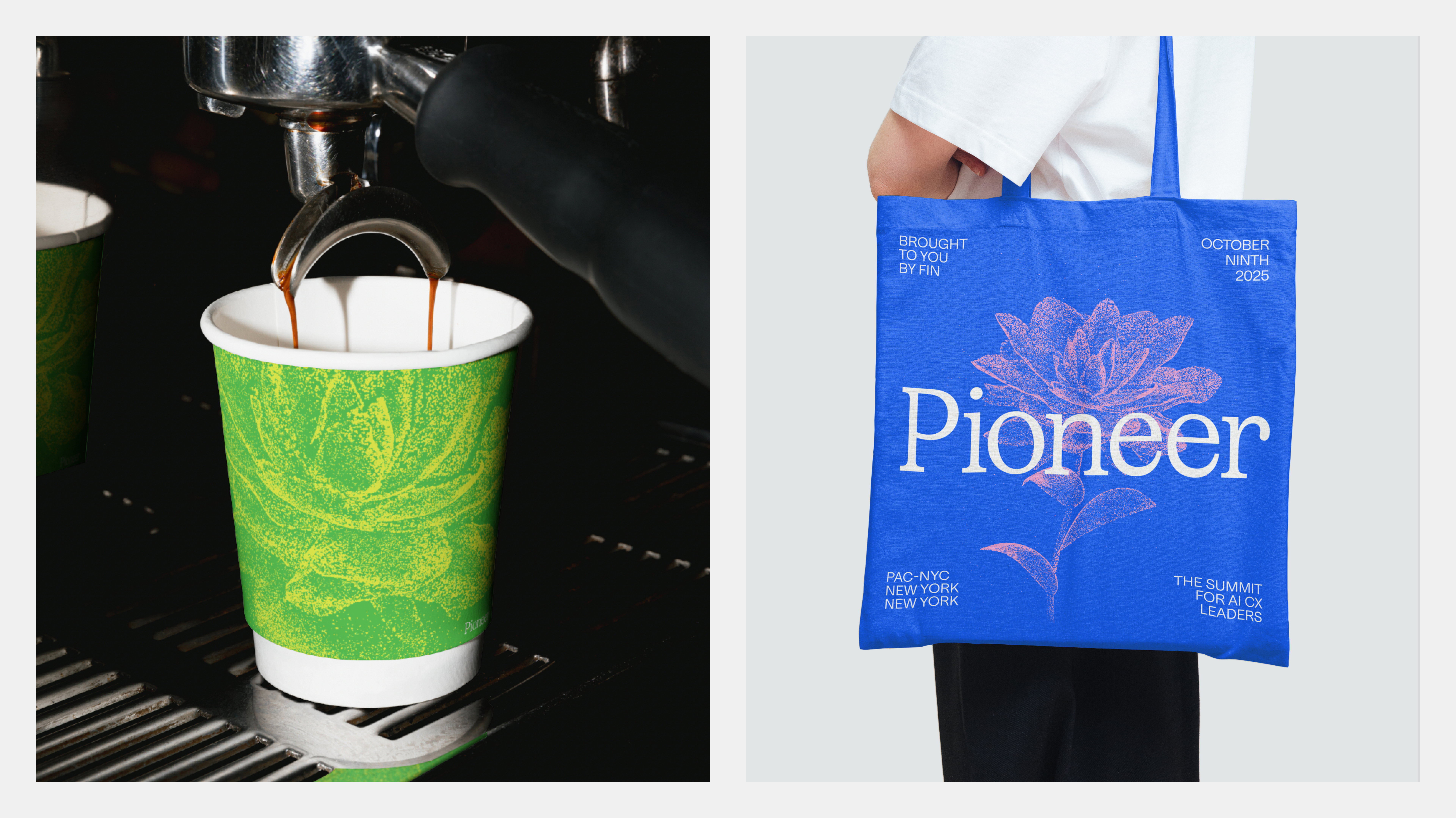A green coffee cup and blue tote bag exhibit pollinated flower designs.