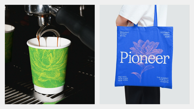 A green coffee cup and blue tote bag exhibit pollinated flower designs.
