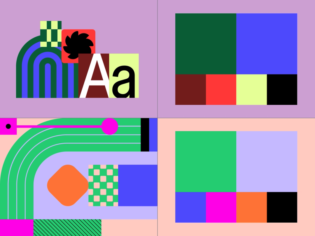 A colorful abstract design divided into four sections, each with bold geometric shapes and a variety of colors. The top left section features curved green and blue lines, a black flower-like shape, and the letters 'Aa' in red, white, and black blocks. The top right section has a grid of rectangles in dark green, blue, red, yellow, and black. The bottom left section contains a curved green path with a pink circle, a checkered green and yellow square, and an orange diamond. The bottom right section displays a set of blocks in green, purple, blue, pink, orange, and black.