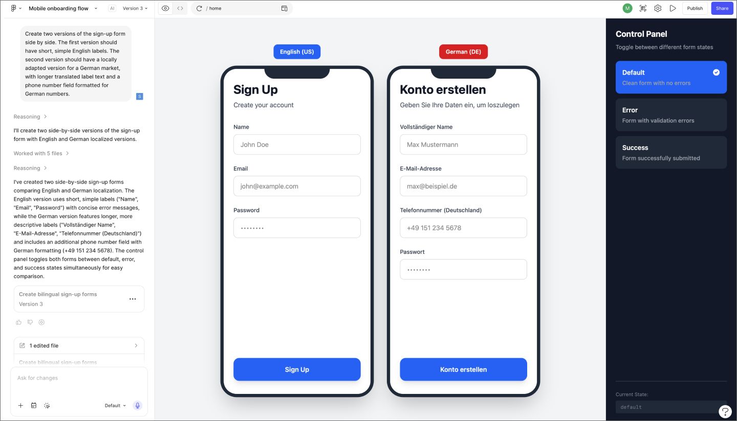 A Figma Make prototype showing two UI variations side by side, with different data lengths and content treatments being compared across a user flow.
