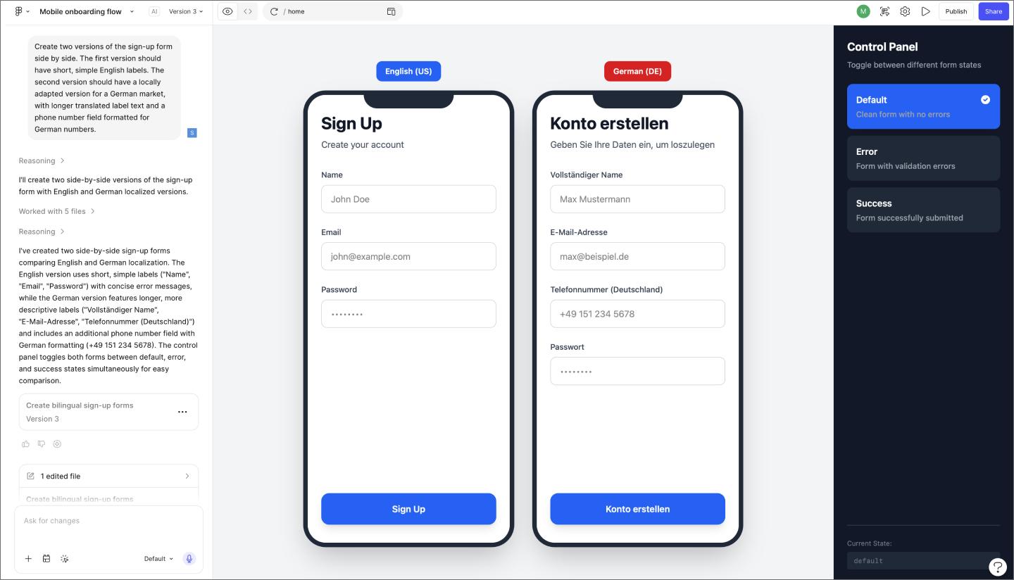 A Figma Make prototype showing two UI variations side by side, with different data lengths and content treatments being compared across a user flow.
