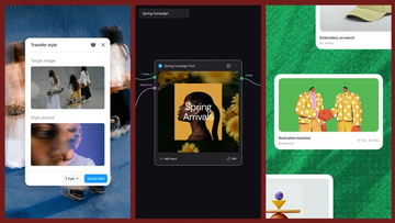 Three-panel product graphic demonstrating AI-powered style transfer. On the left, a "Transfer style" interface displays a target image of people carrying skateboards and a blurred portrait used as the style source. In the center, a workflow canvas labeled "Spring Campaign" shows a connected post-generation node producing a floral-themed social media graphic titled "Spring Arrivals." On the right, a gallery-style layout displays generated creative assets, including an illustrated handshake artwork and merchandise design cards, showing how transferred styles can be applied across a campaign.