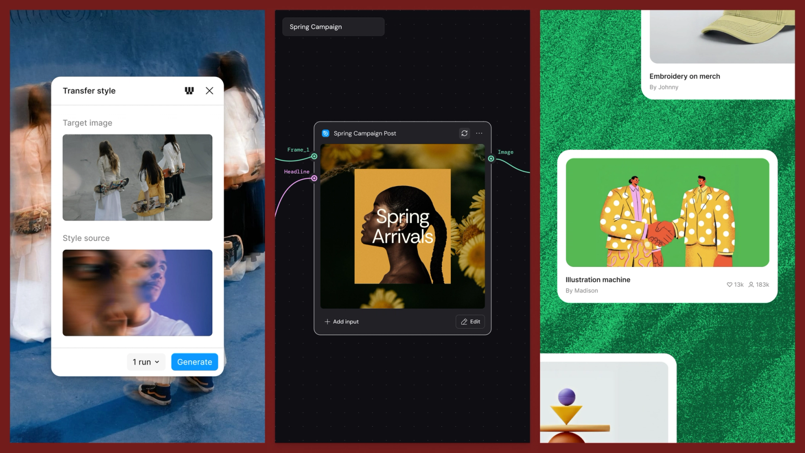 Three-panel product graphic demonstrating AI-powered style transfer. On the left, a "Transfer style" interface displays a target image of people carrying skateboards and a blurred portrait used as the style source. In the center, a workflow canvas labeled "Spring Campaign" shows a connected post-generation node producing a floral-themed social media graphic titled "Spring Arrivals." On the right, a gallery-style layout displays generated creative assets, including an illustrated handshake artwork and merchandise design cards, showing how transferred styles can be applied across a campaign.