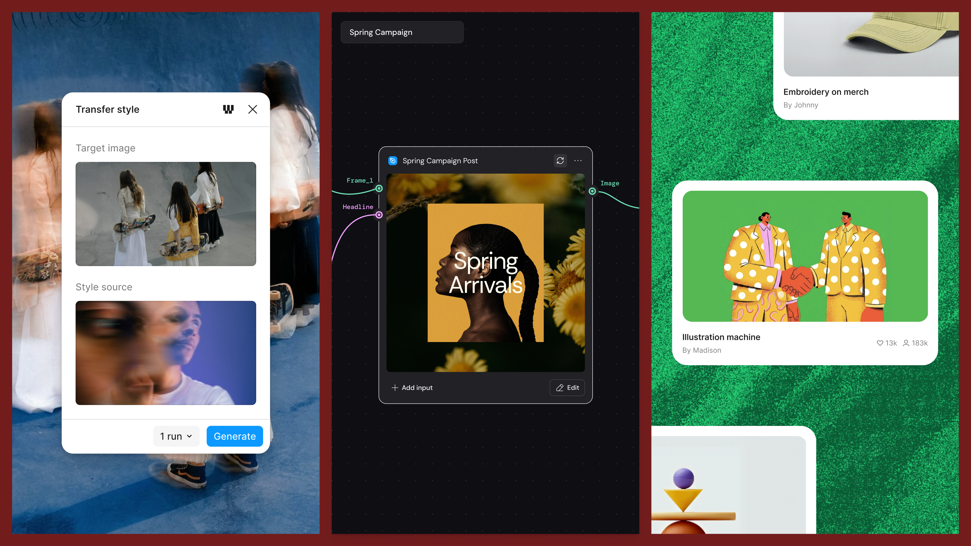 Three-panel product graphic demonstrating AI-powered style transfer. On the left, a "Transfer style" interface displays a target image of people carrying skateboards and a blurred portrait used as the style source. In the center, a workflow canvas labeled "Spring Campaign" shows a connected post-generation node producing a floral-themed social media graphic titled "Spring Arrivals." On the right, a gallery-style layout displays generated creative assets, including an illustrated handshake artwork and merchandise design cards, showing how transferred styles can be applied across a campaign.