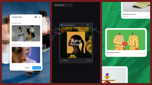Three-panel product graphic demonstrating AI-powered style transfer. On the left, a "Transfer style" interface displays a target image of people carrying skateboards and a blurred portrait used as the style source. In the center, a workflow canvas labeled "Spring Campaign" shows a connected post-generation node producing a floral-themed social media graphic titled "Spring Arrivals." On the right, a gallery-style layout displays generated creative assets, including an illustrated handshake artwork and merchandise design cards, showing how transferred styles can be applied across a campaign.